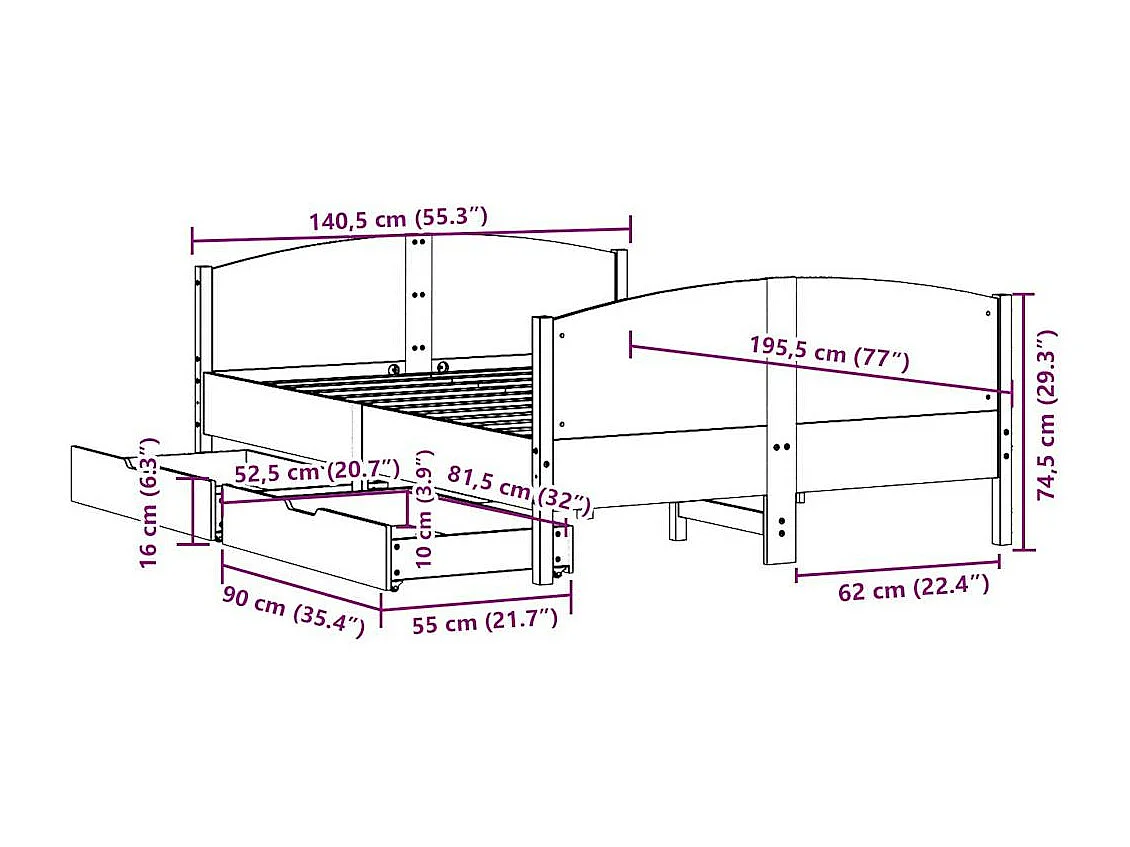 Bedframe zonder matras massief grenenhout wit 135x190 cm