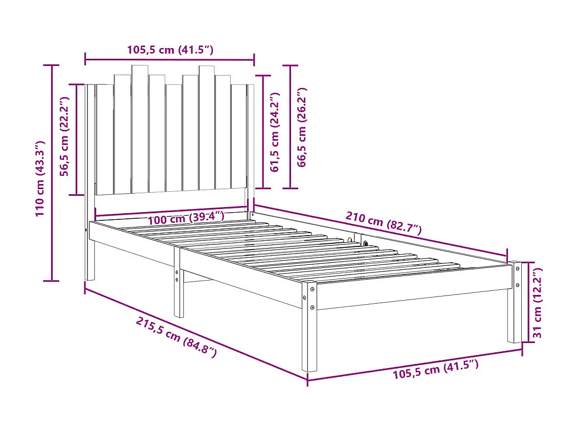 Massivholzbett Extra Lang ohne Matratze Weiß 100x210 cm
