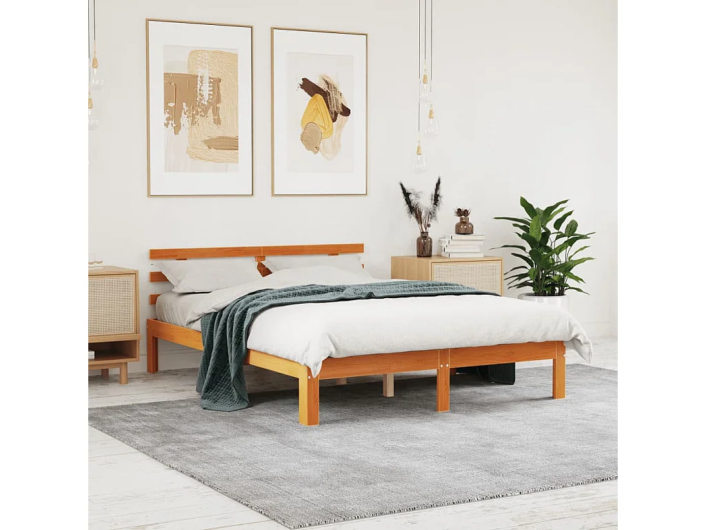 Cadre de lit sans matelas cire marron 135x190cm bois pin massif