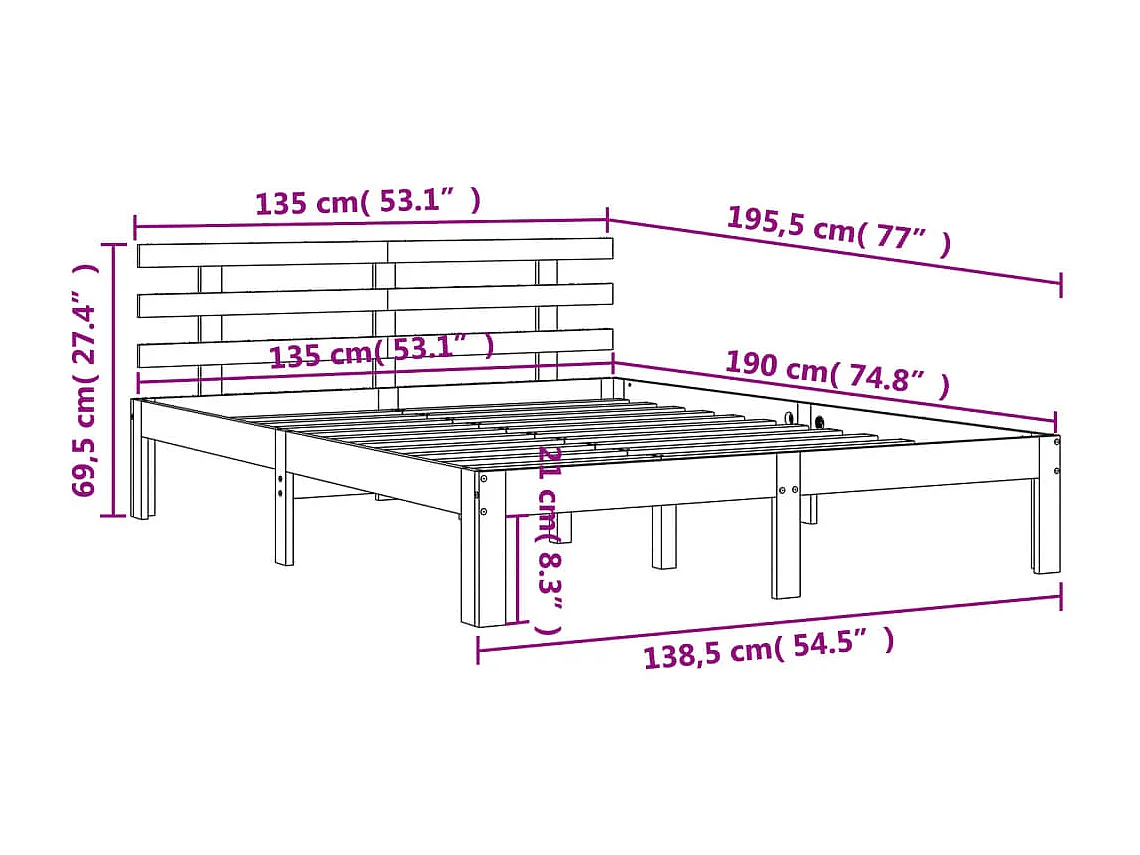 Cadre de lit sans matelas cire marron 135x190cm bois pin massif