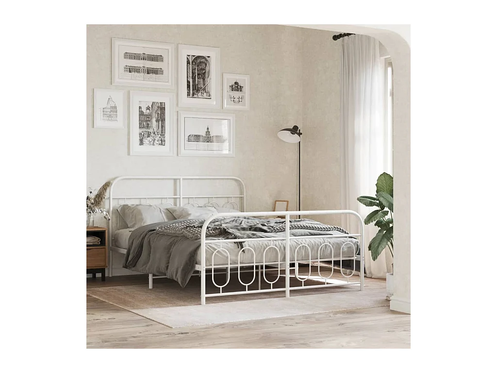 Cadre de lit métal sans matelas et pied de lit blanc 140x200 cm