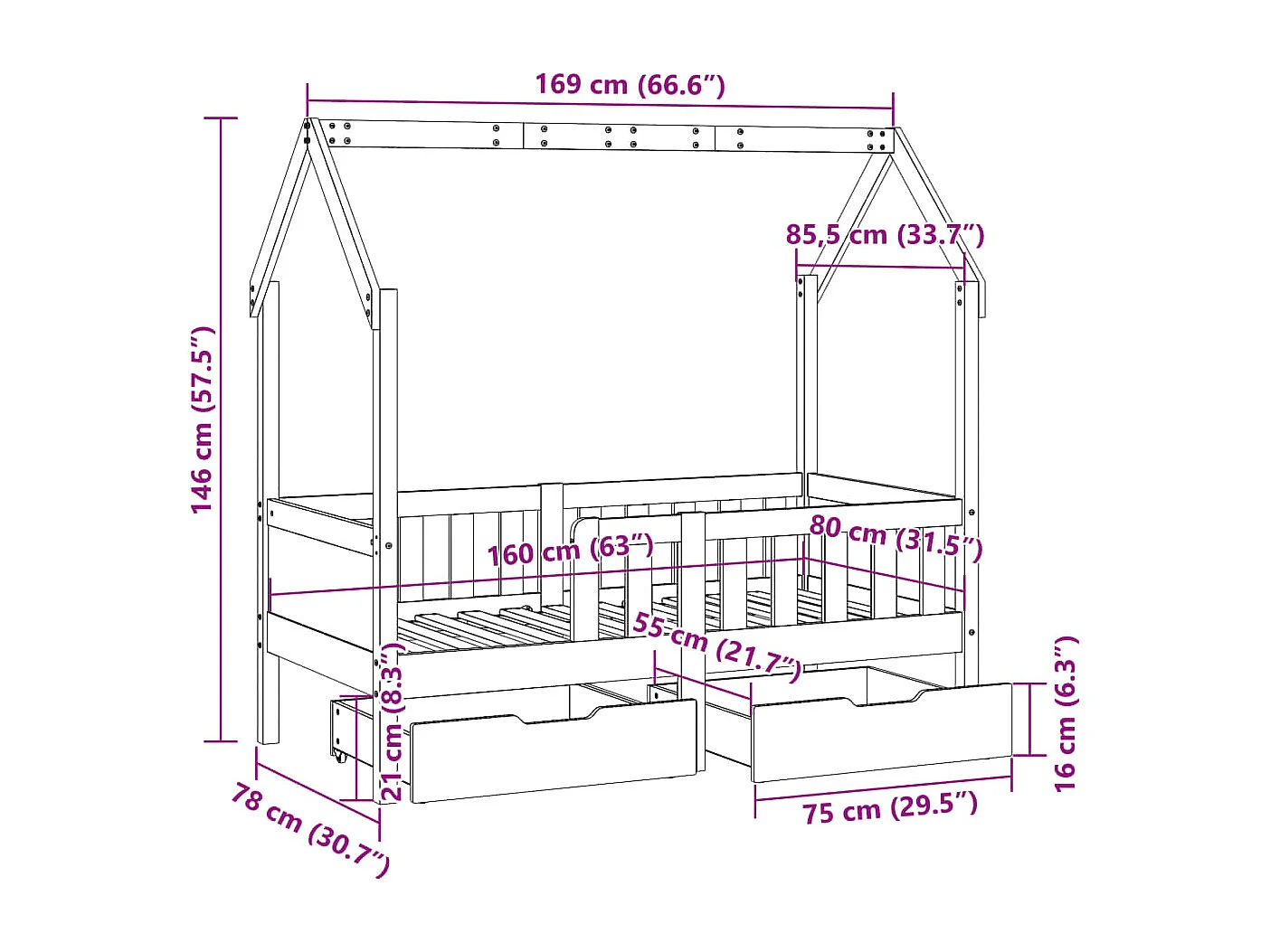 Cadre de lit enfant avec tiroirs sans matelas 80x160 cm bois