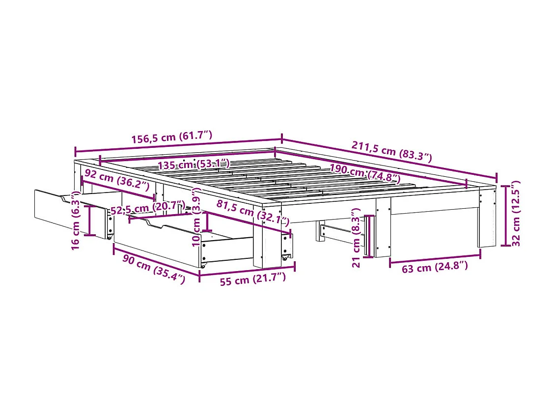 Cadre de lit sans matelas blanc 135x190 cm bois de pin massif