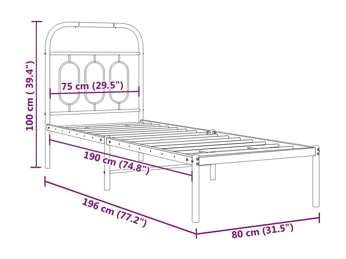 Cadre de lit métal sans matelas avec tête de lit noir 75x190 cm