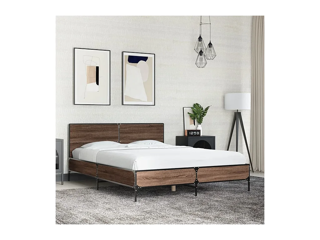 Bedframe bewerkt hout metaal bruin eikenkleur 135x190 cm