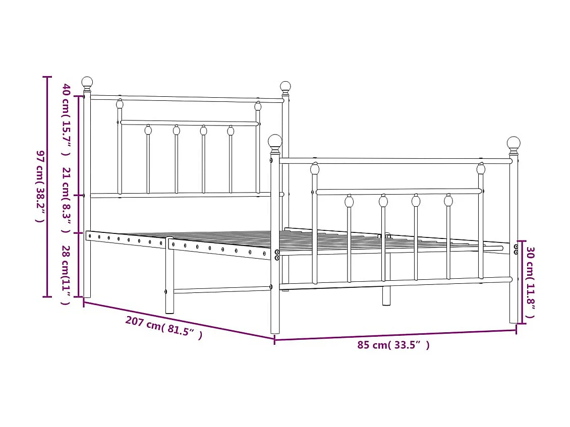Cadre de lit métal sans matelas avec pied de lit noir 80x200 cm