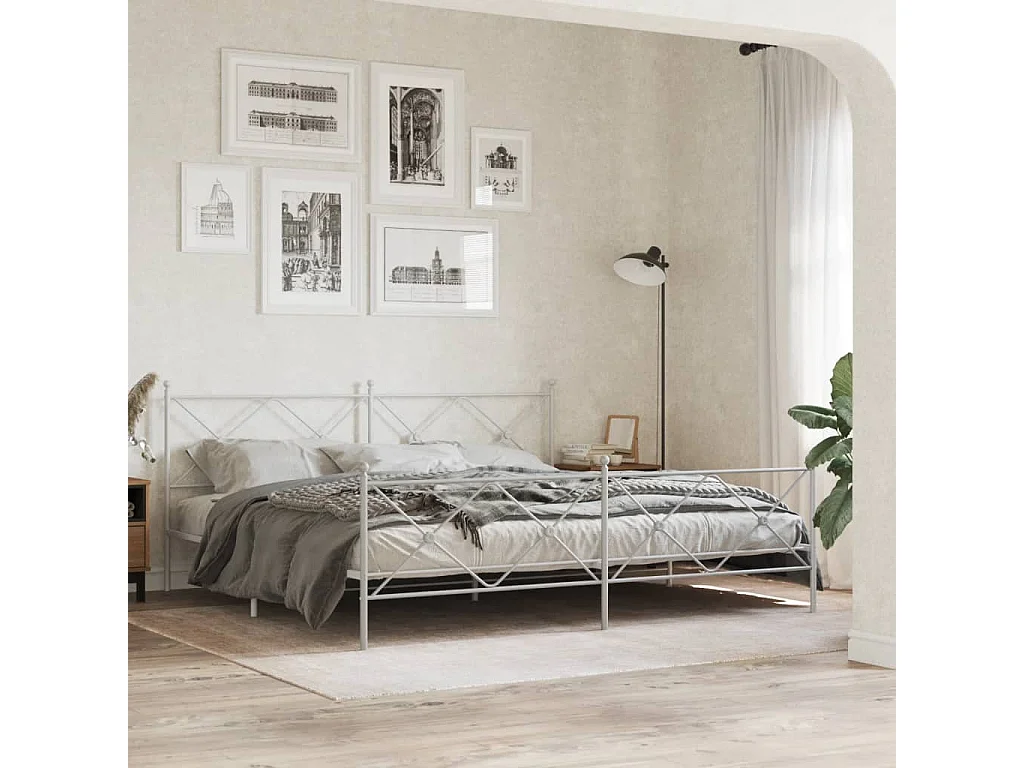 Cadre de lit métal sans matelas et pied de lit blanc 200x200 cm