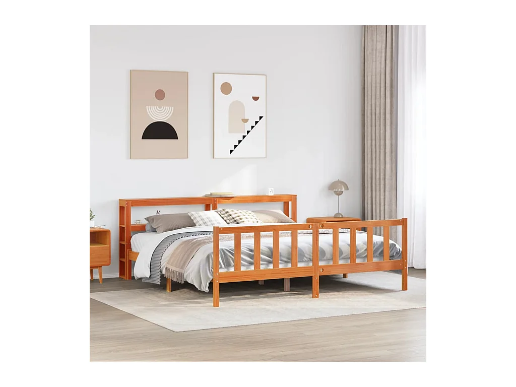 Estrutura cama c/ cabeceira 200x200cm pinho maciço castanho-mel