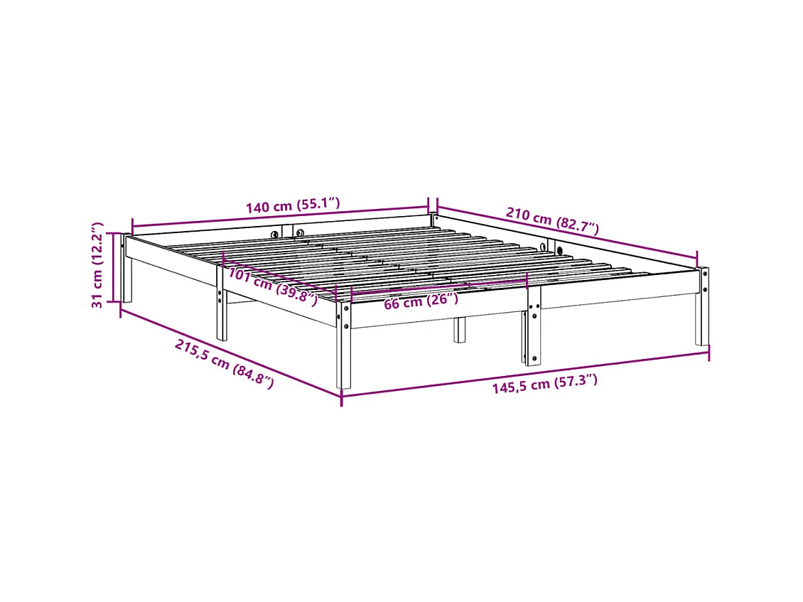 Cadre de lit extra long sans matelas 140x210 cm bois massif pin