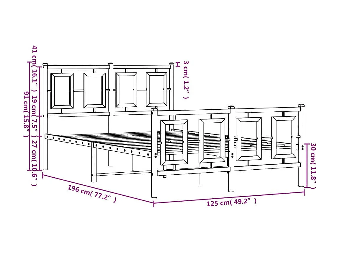 Cadre de lit métal sans matelas et pied de lit blanc 120x190 cm