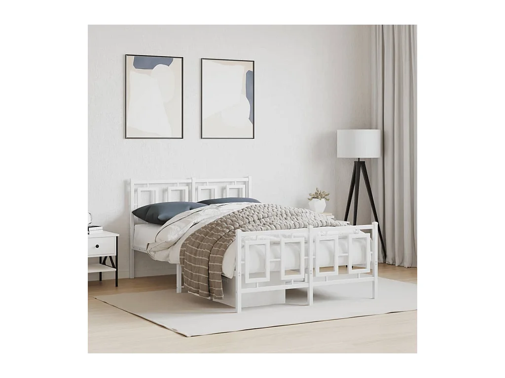 Cadre de lit métal sans matelas et pied de lit blanc 120x190 cm