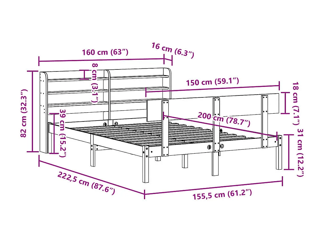Cadre de lit sans matelas blanc 150x200 cm bois de pin massif