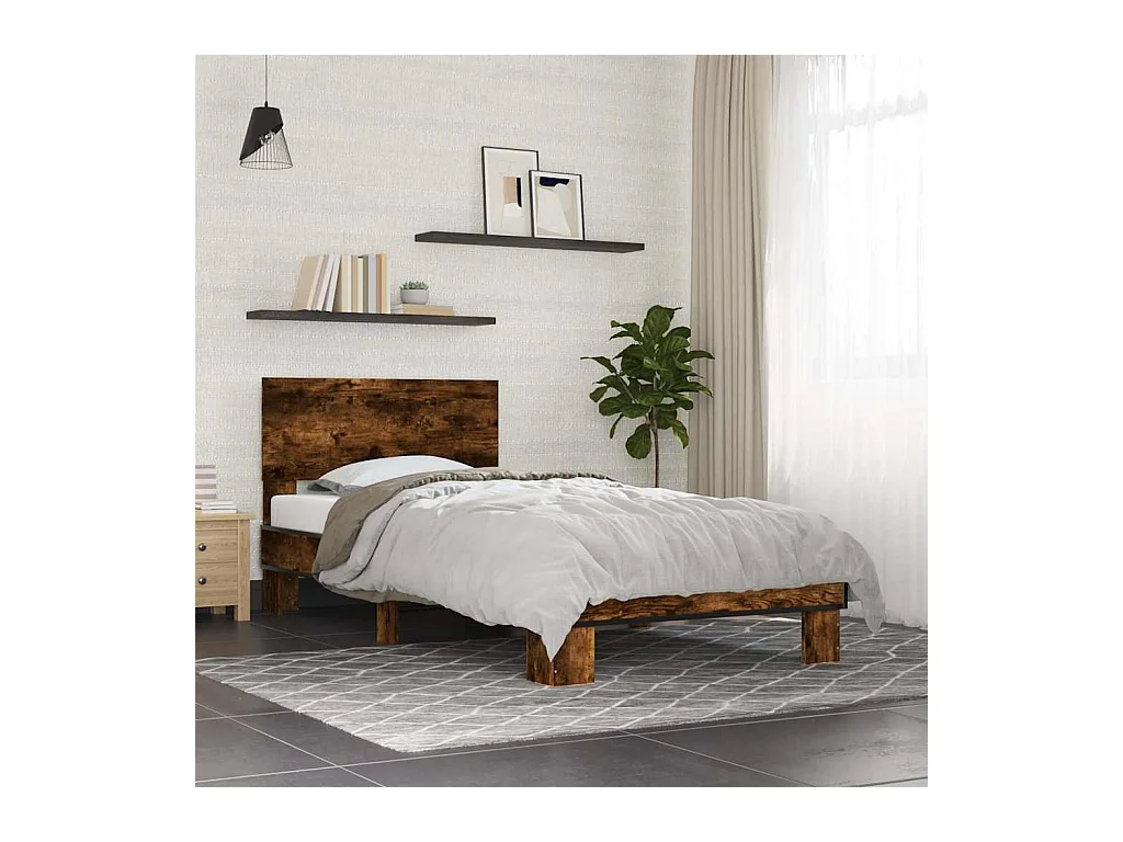 Bedframe bewerkt hout en metaal gerookt eikenkleurig 75x190 cm