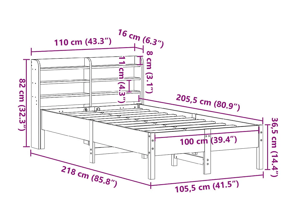 Cadre de lit sans matelas cire marron 100x200cm bois pin massif