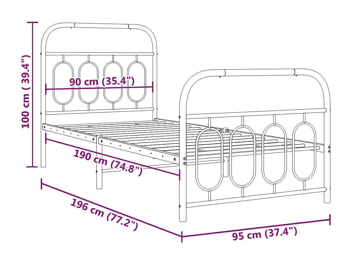 Cadre de lit métal sans matelas avec pied de lit noir 90x190 cm