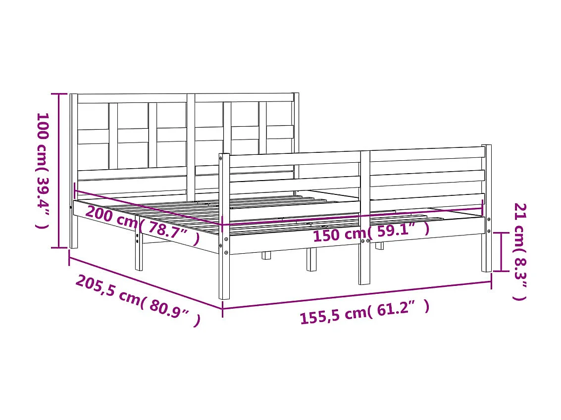 Cadre de lit sans matelas noir bois massif