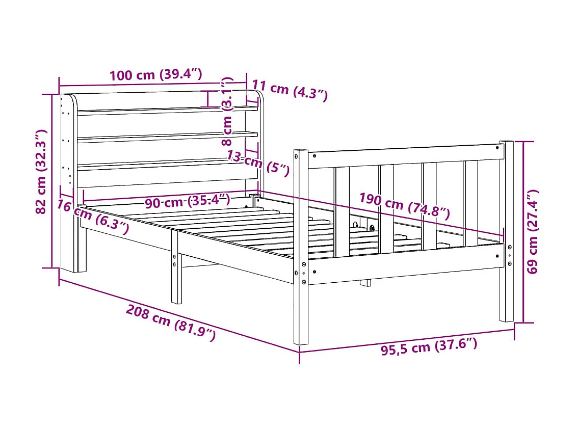 Estructura de cama sin colchón madera maciza de pino 90x190 cm