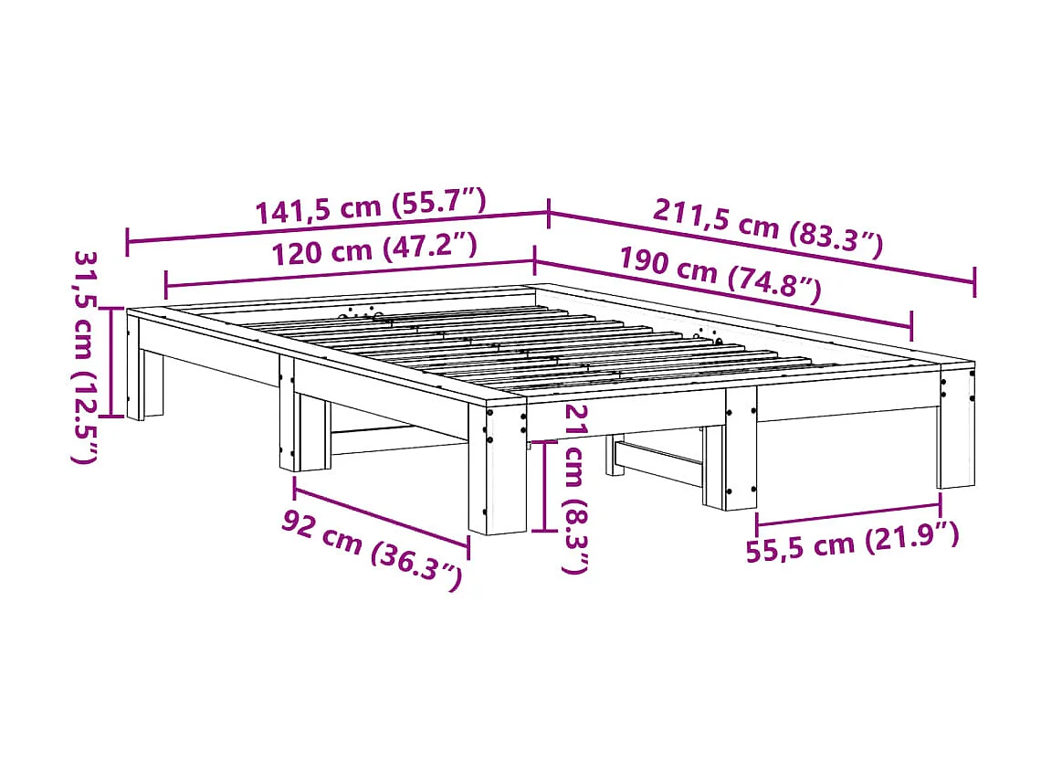 Bedframe zonder matras massief grenenhout wit 120x190 cm