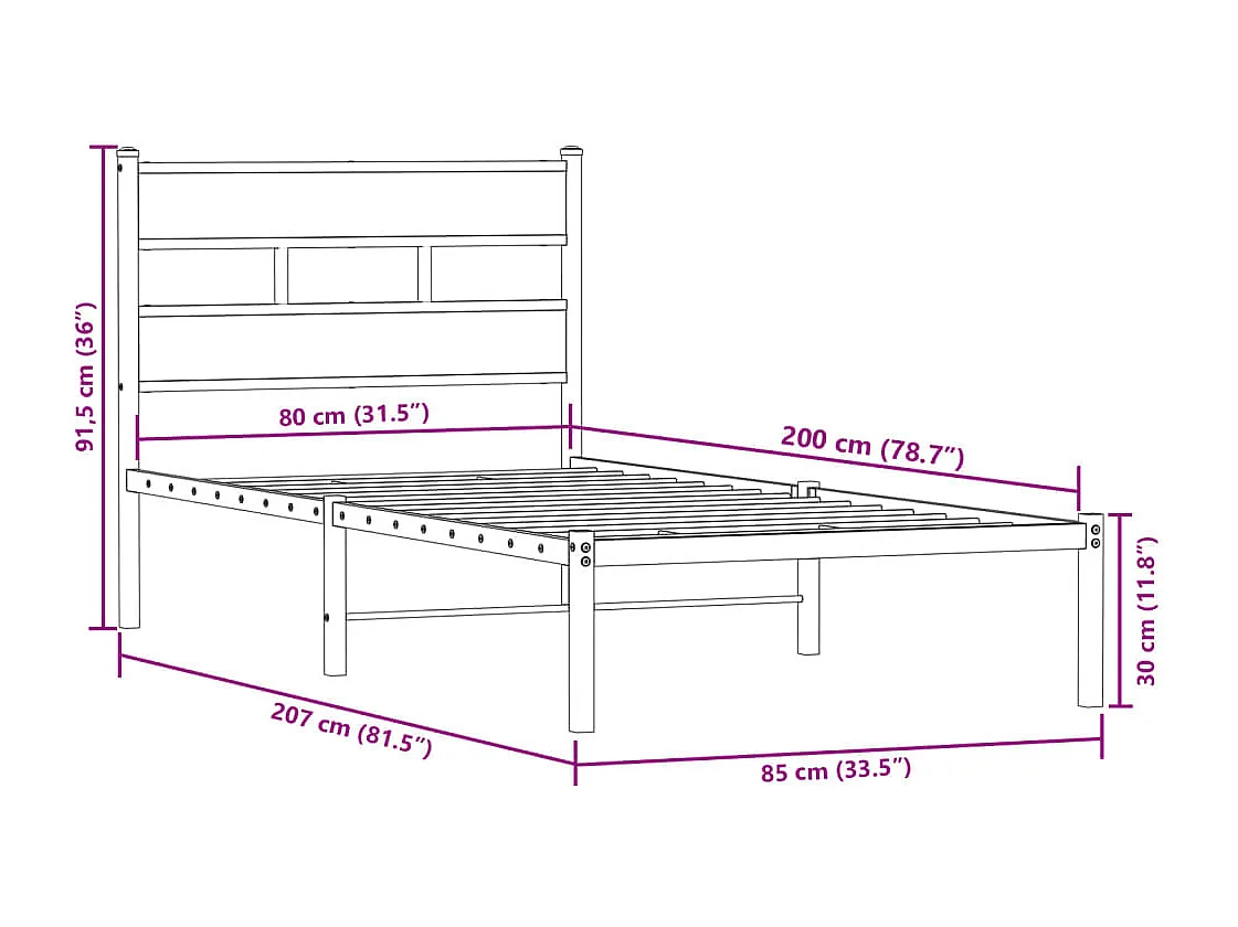 Estructura de cama sin colchón metal roble ahumado 80x200 cm
