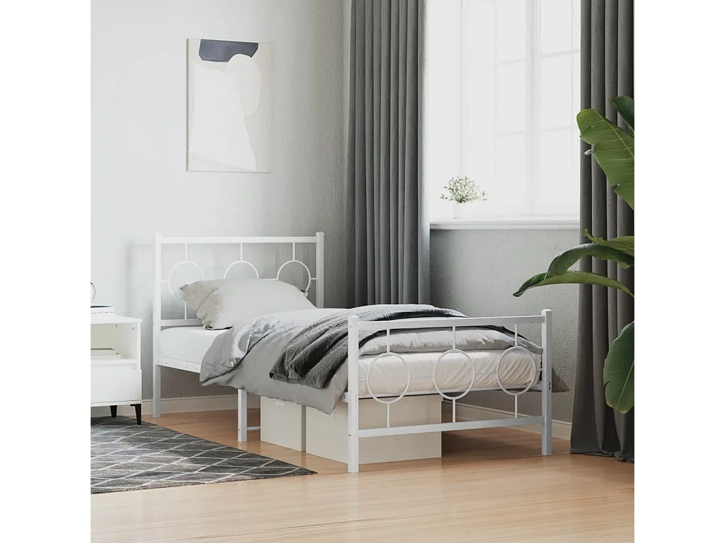 Cadre de lit métal sans matelas avec pied de lit blanc 90x190cm
