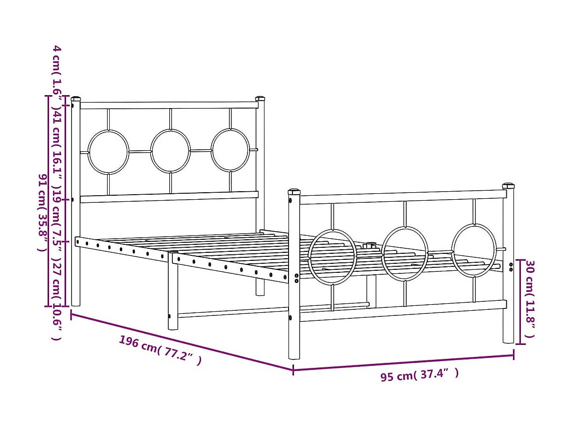 Cadre de lit métal sans matelas avec pied de lit blanc 90x190cm