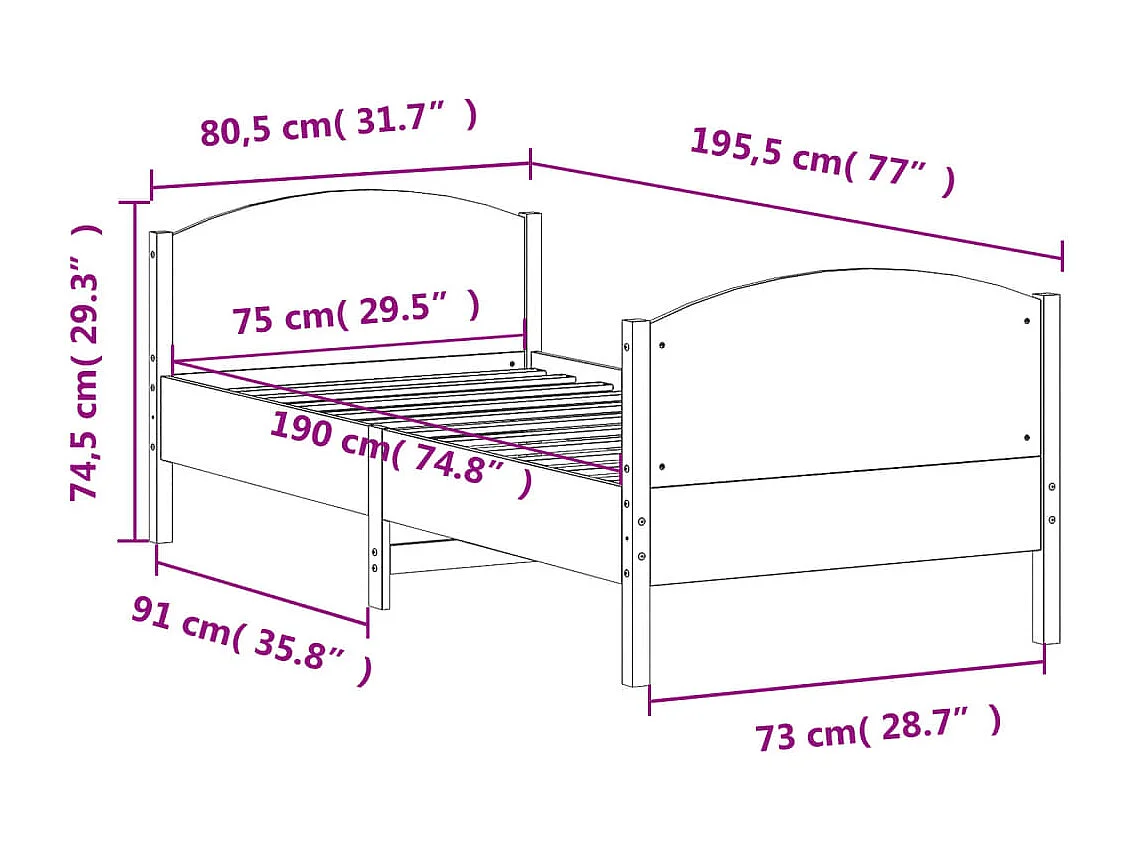 Cama sem colchão 75x190 cm madeira de pinho maciça branco