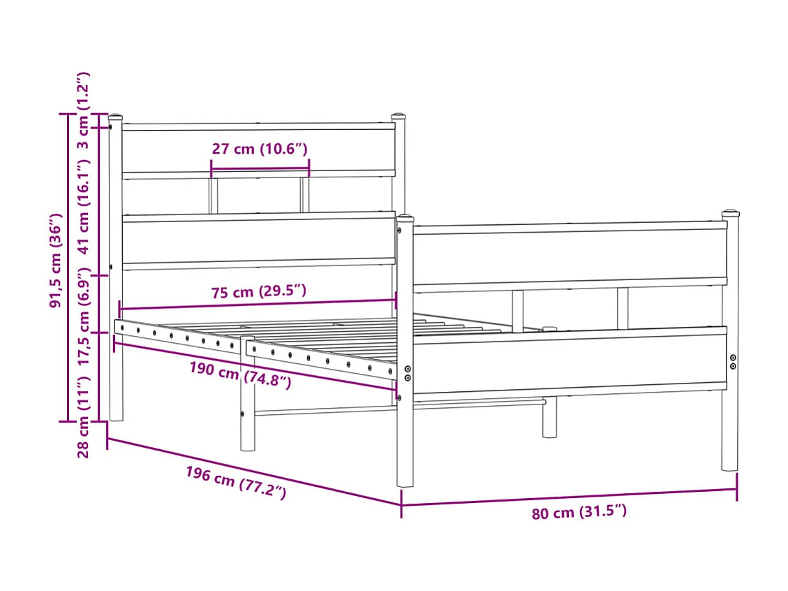 Cadre de lit sans matelas avec tête de lit pied de lit 75x190cm