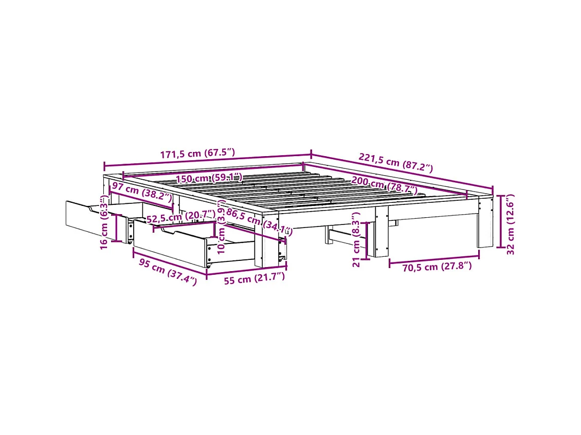 Bedframe zonder matras massief grenenhout 150x200 cm