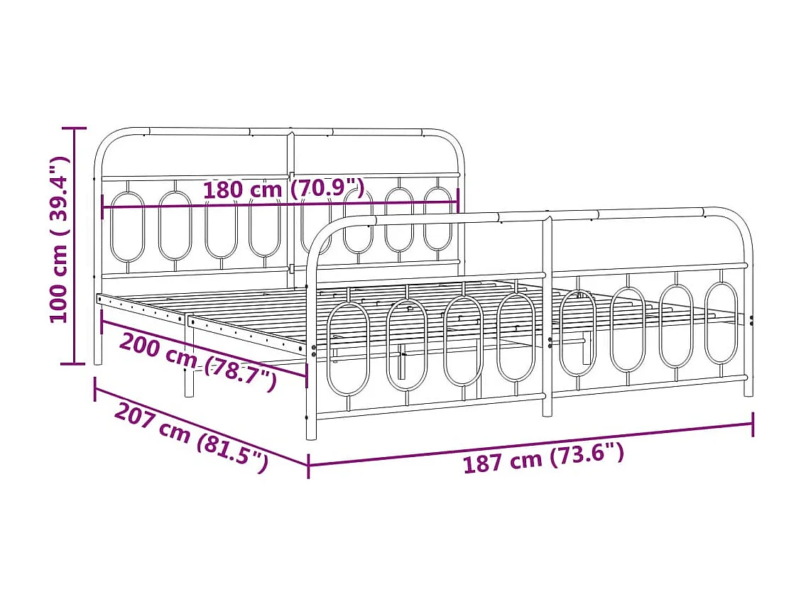 Cadre de lit métal sans matelas avec pied de lit noir 180x200cm