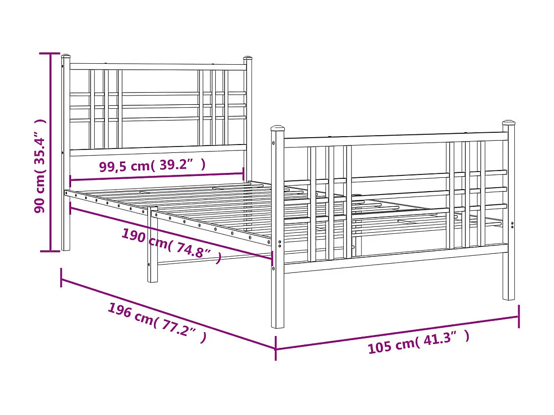 Cadre de lit métal sans matelas avec pied de lit noir 100x190cm