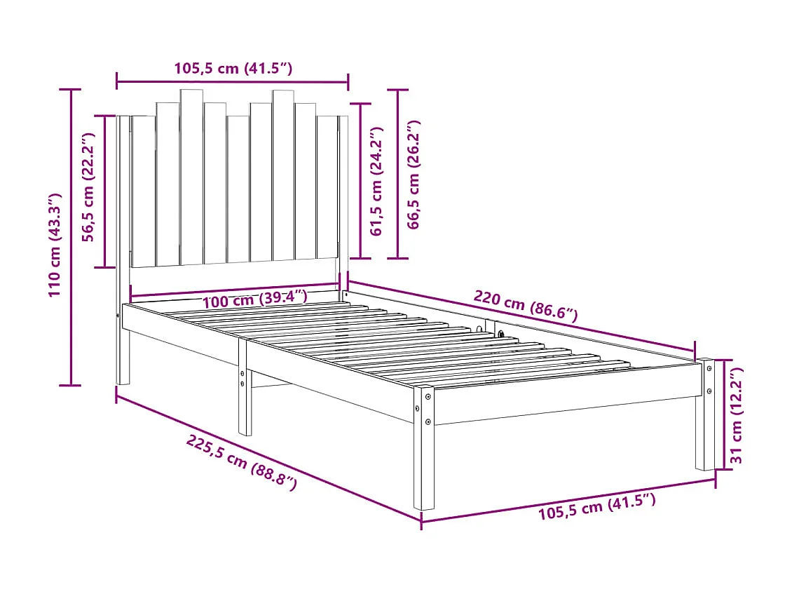 Massivholzbett Extra Lang ohne Matratze 100x220 cm