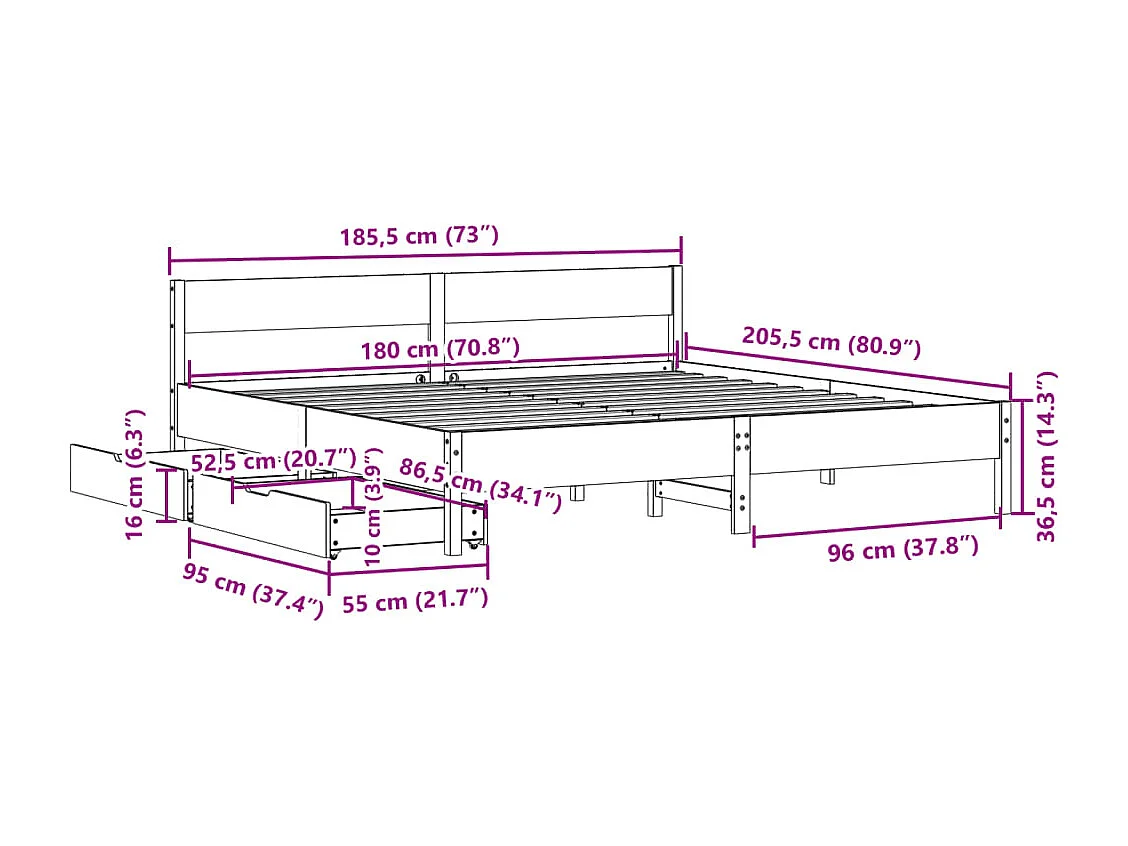 Letto senza Materasso 180x200 cm in Legno Massello di Pino