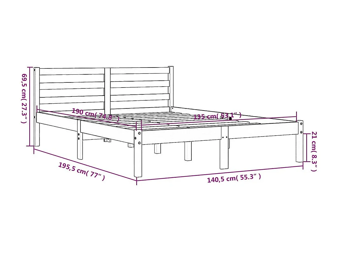 Cadre de lit sans matelas cire marron 135x190cm bois pin massif