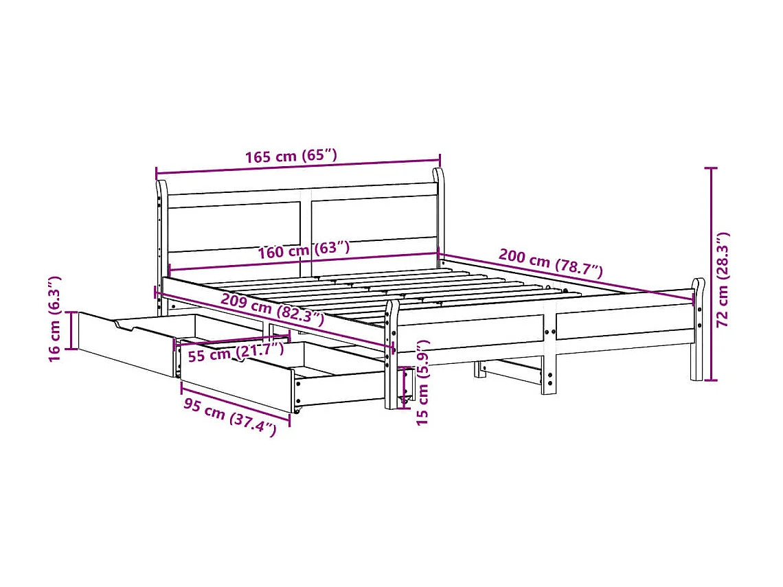 Cadre de lit sans matelas 160x200 cm bois massif de pin
