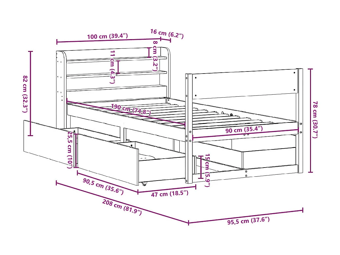 Letto senza Materasso 90x190 cm in Legno Massello di Pino