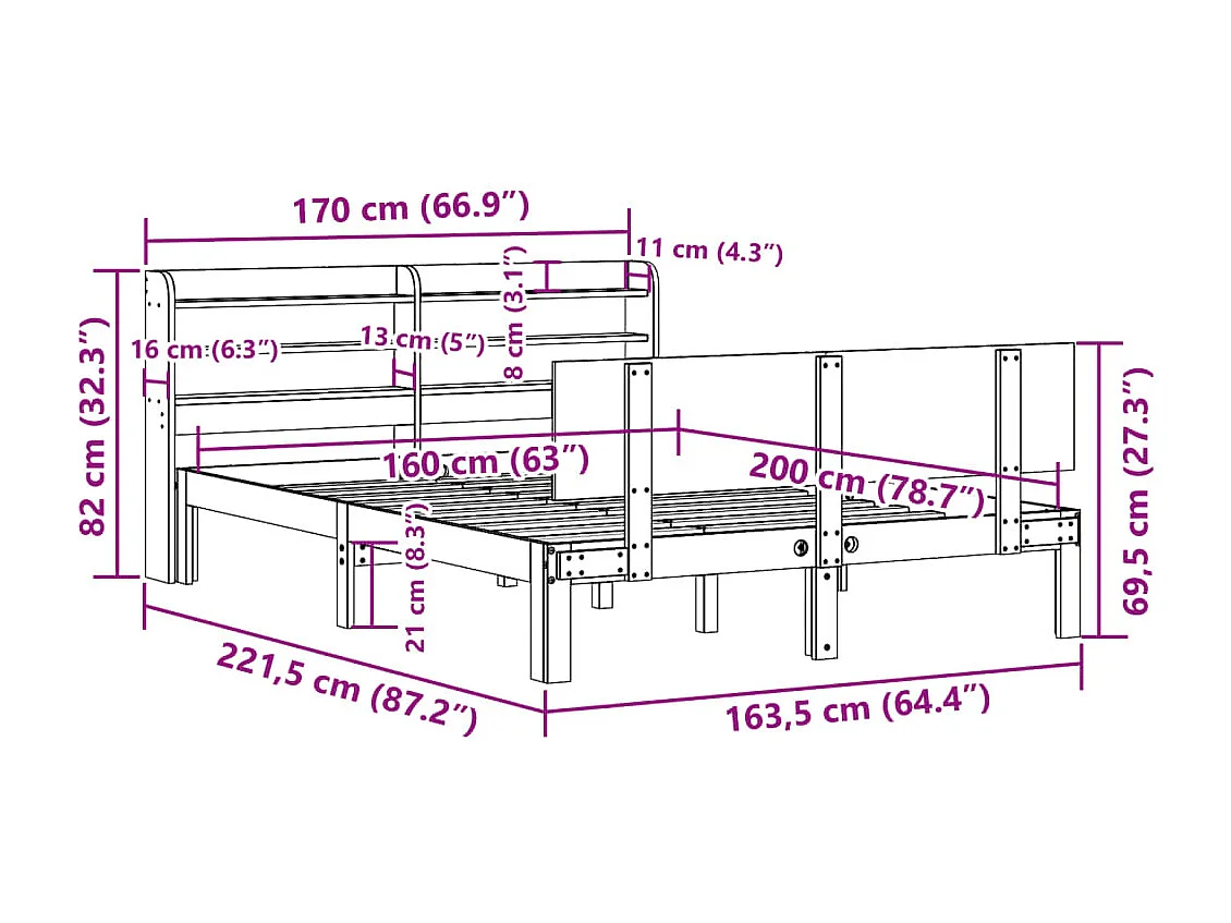 Giroletto con Testiera 160x200 cm in Legno Massello di Pino