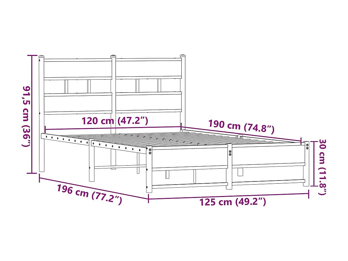 Cadre de lit en métal sans matelas chêne marron 120x190 cm