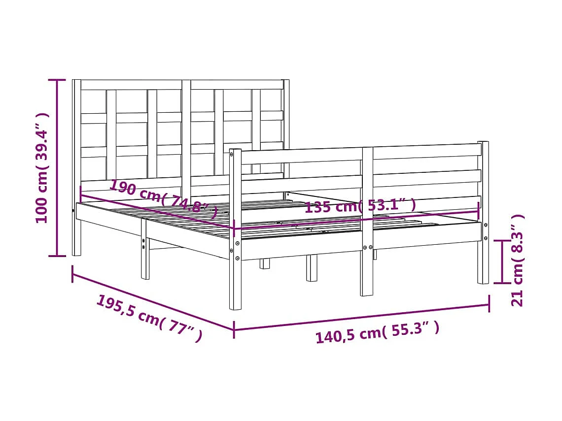 Estrutura de cama casal 135x190 cm madeira maciça