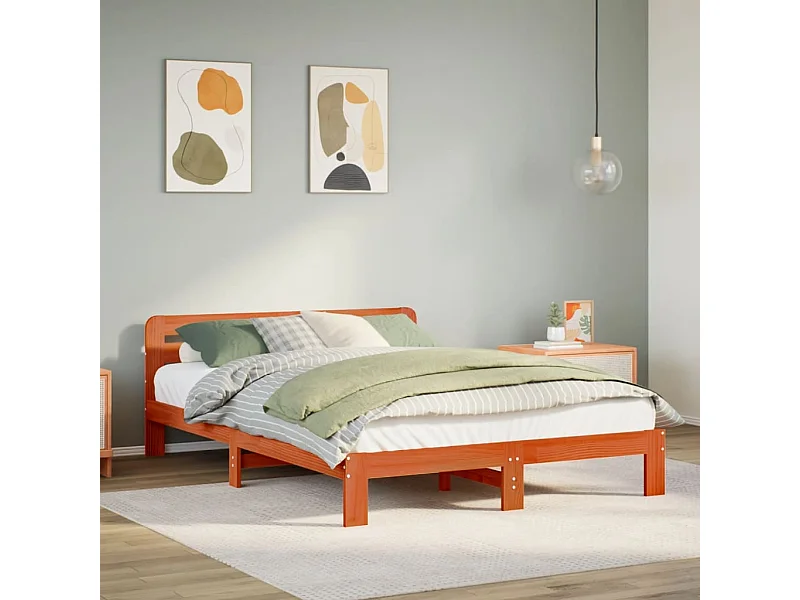 Cama sem colchão 140x200 cm madeira pinho maciça castanho-mel