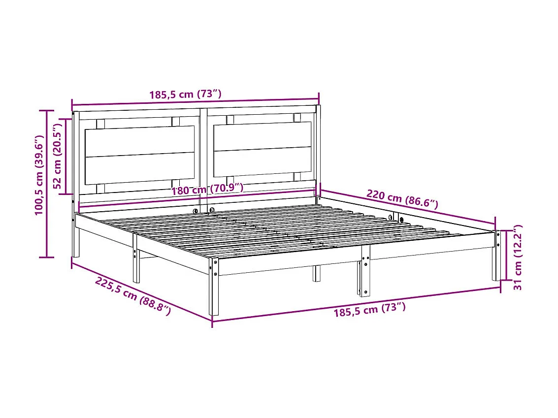 Cadre de lit extra long sans matelas 180x220 cm bois massif