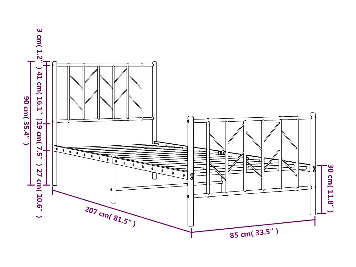 Cadre de lit métal sans matelas avec pied de lit blanc 80x200cm