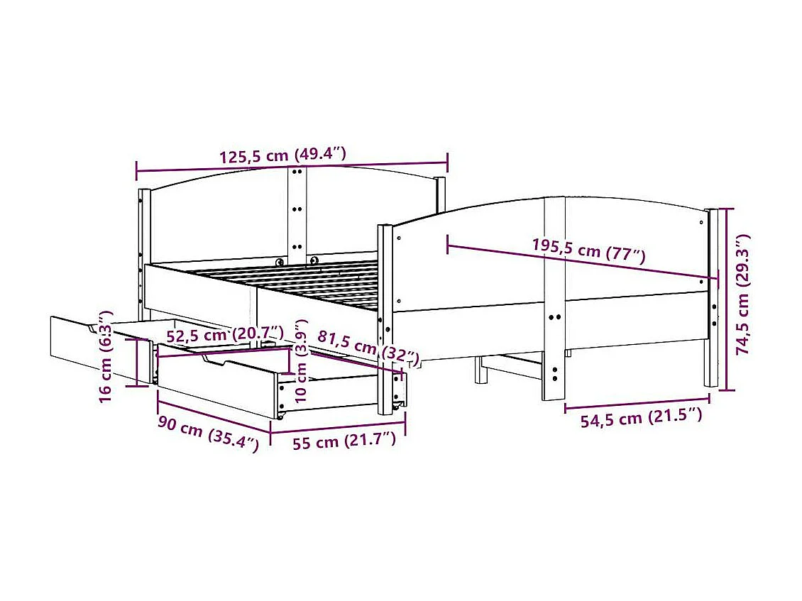 Bedframe zonder matras massief grenenhout wit 120x190 cm