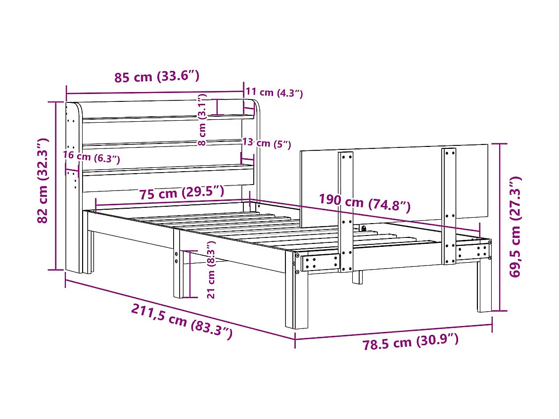 Cadre de lit avec tête de lit sans matelas 75x190 cm