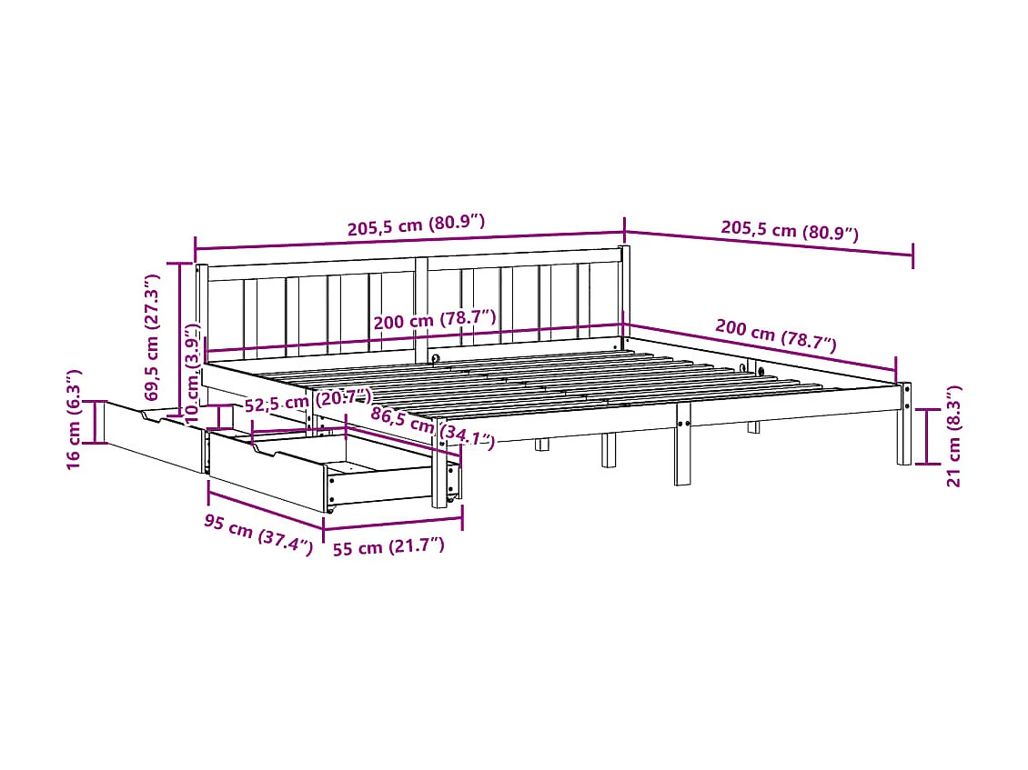 Cadre de lit sans matelas blanc 200x200 cm bois massif de pin
