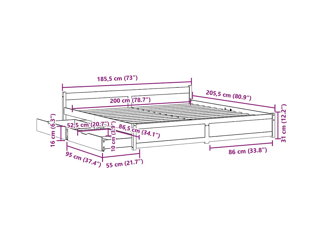 Bedframe zonder matras massief grenenhout wit 180x200 cm