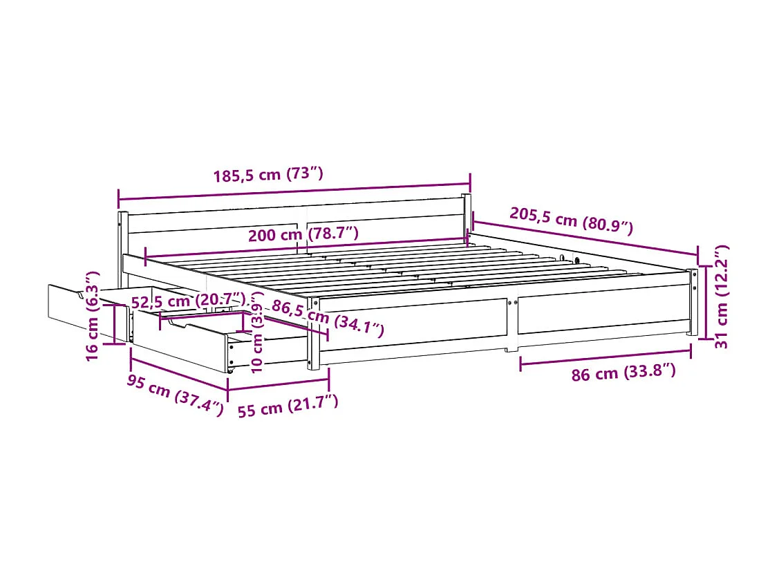 Cadre de lit sans matelas blanc 180x200 cm bois massif de pin