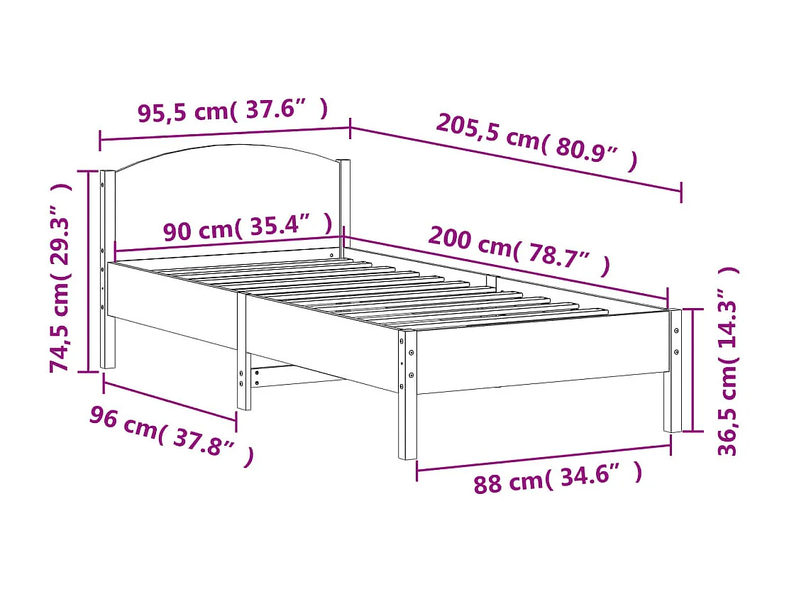 Cadre de lit sans matelas 90x200 cm bois de pin massif