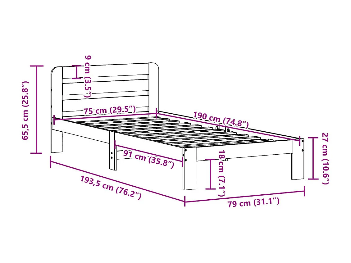 Cadre de lit sans matelas blanc 75x190 cm bois de pin massif