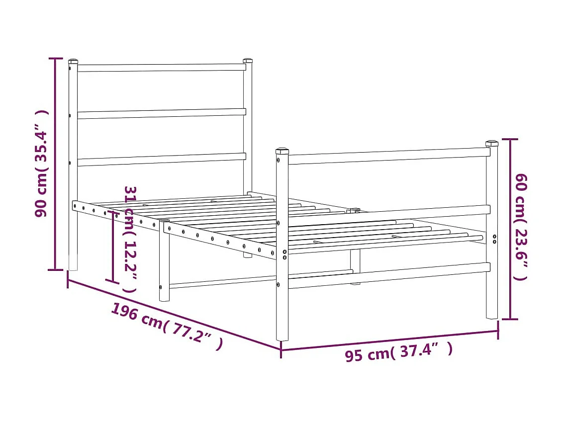 Cadre de lit métal sans matelas avec pied de lit blanc 90x190cm