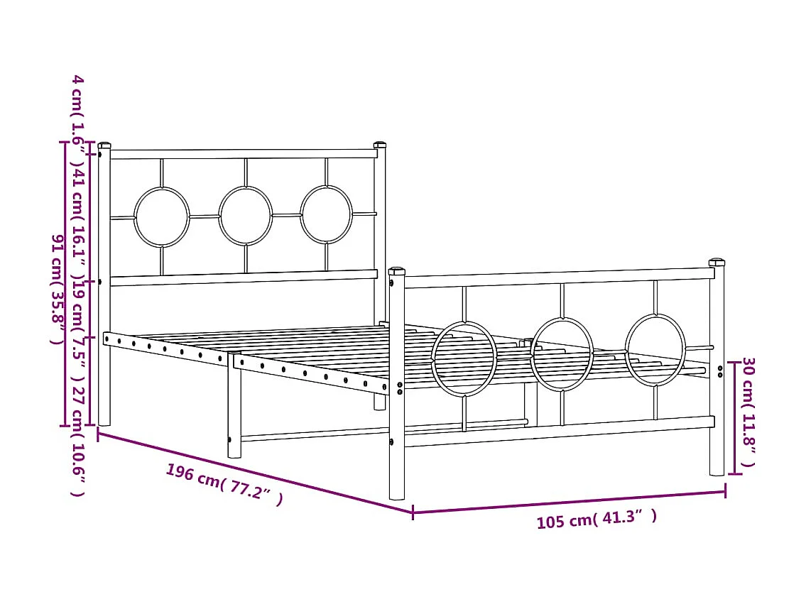 Cadre de lit métal sans matelas avec pied de lit noir 100x190cm